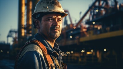 Poster - Oil rig worker working on oil rig platform offshore.