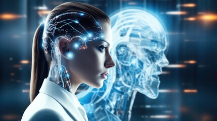 Poster - Modern businessperson interacting with an AI assistant through a virtual interface, ChatGPT Chat with AI or Artificial Intelligence technology, business use AI smart technology.