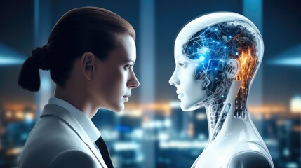 Poster - Modern businessperson interacting with an AI assistant through a virtual interface, Chat GDP Chat with AI or Artificial Intelligence technology, business use AI smart technology.