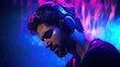 © Login - Close-up portrait of a man wearing headphones in neon colors. Hipster listening to music and singing. Enjoyment of life. Illustration for cover, postcard, interior design, decor, advertising, etc.