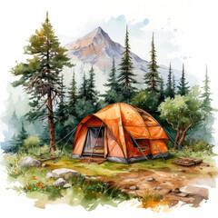 watercolor Camping Summer Mountain clipart, Generative Ai