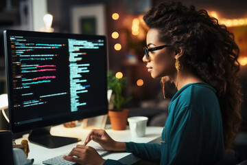 Leinwandbilder - African American woman programing developer checking website design in coder network information at work space.