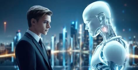 Poster - Chat concept. Business person chatting with a smart AI using an artificial intelligence chatbot developed by AI.
