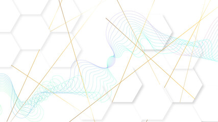 Poster - Abstract white background with hexagonal honeycomb shape golden line stroke and gradient line blend. 