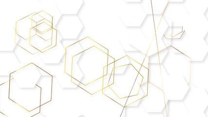 Poster - Abstract white background with hexagonal honeycomb shape and golden line stroke. 