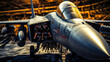 Aerospace engineering close view of fighter jet with guided missile and radar tracking system