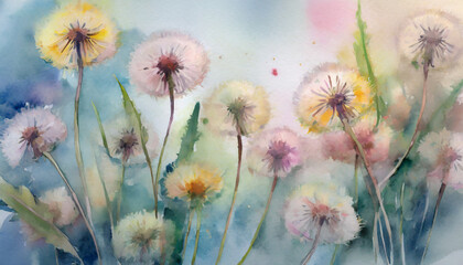 Wall Mural - watercolor dandelions art light tones background wallpaper freedom of flight