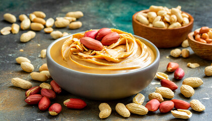 Wall Mural - bowl of peanut butter and peanuts on table background top view with copy space creamy peanut pasta in small bowl