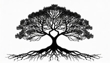 Black Tree Silhouette Vector Illustration With Roots Isolated On White Background