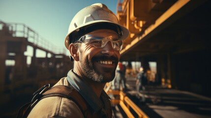 Poster - Arab worker with a grin in a bridge on the top of at oil rig platform offshore.