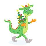 Fototapeta Dinusie - Funny little dragon in felt boots walks with a decorated Christmas tree in his hands. In cartoon style. Isolated on white background. Vector flat illustration. Chinese New Year symbol