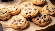 Chocolate Chip Cookies Freshly Baked On Parchment Paper