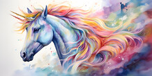 Watercolor Colorful Illustration Of A Unicorn On White Background 