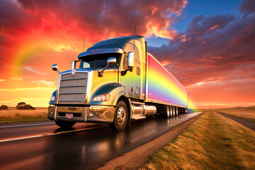 Truck on the road with a rainbow in the sky.