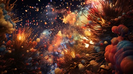 Wall Mural -  a bunch of fireworks are lit up in the night sky above a forest filled with trees and other colorful objects.  generative ai