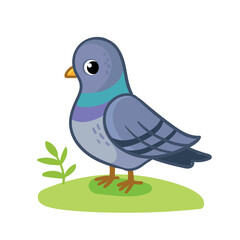 Wall Mural - Cute pigeon sits on a green meadow. Bird in cartoon style.