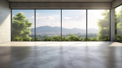 Wall Mural - Modern loft style ,wall and ceiling, large window look out to see the nature view. Generative Ai