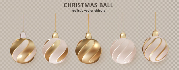 Wall Mural - christmas gold balls isolated. stocking christmas decorations. vector gold, glass xmas bauble set te