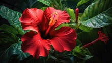 A Red Hibiscus Flower Is Shown In The Middle Of A Dark Background, AI