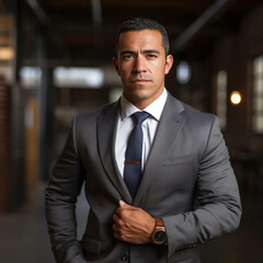 Wall Mural - a portrait of a latino man in a well-tailored suit. Entrepreneur. Professional. Kind. Successful. Motivational. Inspiring. His arms are uncrossed and relaxed. Man age is 45.Man has a pleasant smile. 