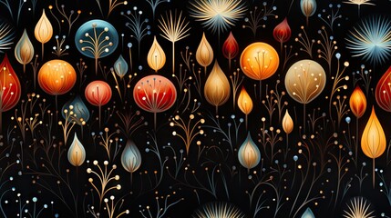 Poster -  a painting of a bunch of trees and flowers on a black background with gold, orange, and blue drops of water.  generative ai