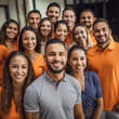 © نيلو ڤر - photograph of a group of 28-year-old Latinos, representing the area where they provide workshops, smiling, the background should be that of a commercial office with clothing in orange tones