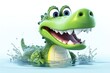 Lustiges Cartoon Krokodil im Wasser. Grünes 3D Charakter Krokodil mit Schuppen.