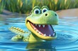 Lustiges Cartoon Krokodil im Wasser. Grünes 3D Charakter Krokodil mit Schuppen.