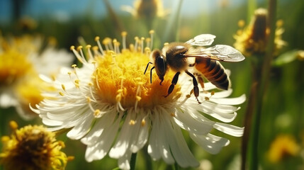 Wall Mural - A honey bee collects pollen and nectar on flowers.Generative AI