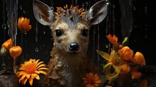  A Close Up Of A Stuffed Animal With Flowers In The Background And Rain Drops Falling Off Of It's Ears.  Generative Ai