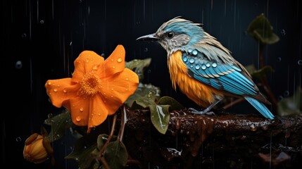 Canvas Print -  a blue and yellow bird sitting on a branch next to a flower with water droplets on it's wings.  generative ai