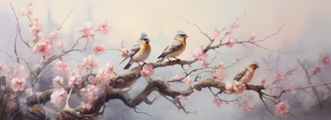  Paintings of birds on the branch of cherry blossoms.