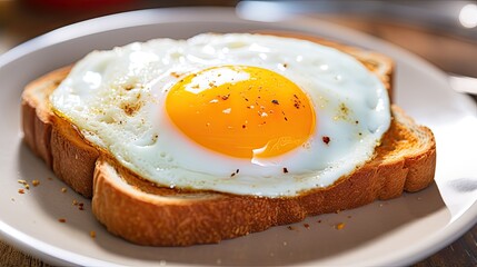  a fried egg sits on top of a piece of toast on a white plate on a wooden table with a knife and fork.  generative ai