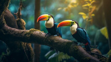Two toucan tropical bird sitting on a tree branch in natural wildlife environment in rainforest jungle. photography ::10 , 8k, 8k render ::3
