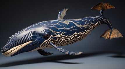  a sculpture of a humpback whale in blue and white, with a gold fin and tail, on a black background.  generative ai