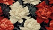  a close up of a bunch of flowers on a black background with red, white and orange flowers on a black background.  generative ai