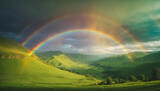 Fototapeta Tęcza - Breathtaking and surreal rainbow over a lush green valley - AI Generative