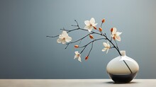  A White And Black Vase With A Branch With White And Orange Flowers In It On A Wooden Table Against A Blue Wall.  Generative Ai