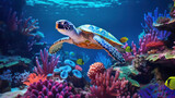 Fototapeta Do akwarium - Sea turtle, beautiful coral reef on background. 