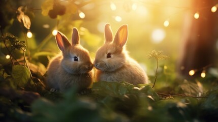 Two rabbits sitting in the grass with lights behind them, AI