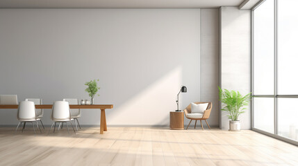 Sticker - Sunny blank wall with shadow in modern eco style open space office with wooden wall. Generative Ai