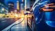 © Viktoria - electric vehicle charging station with power cable supply plugged   green energy and ev car concept