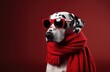 Dalmatian dog in red scarf and red glasses on dark background