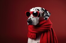 Dalmatian Dog In Red Scarf And Red Glasses On Dark Background