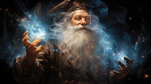 The Magic Of Santa Claus. An Old Man With A White Beard Casts A Spell Realistic Illustration. The Magic Of Christmas. Fairy Tale Character Magician Casts A Spell. Magic Ritual. Generative Ai