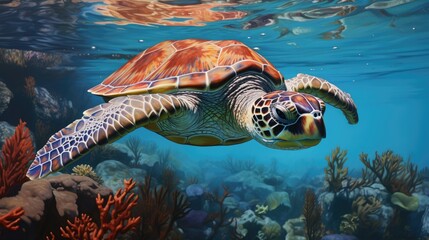 Wall Mural -  a painting of a sea turtle swimming in the ocean with corals on the bottom and bottom of the water.  generative ai