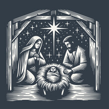 Woodcut Illustration Of The Birth Of Baby Jesus In Monochrome
