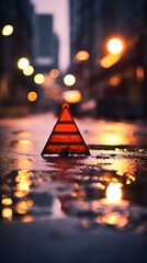 Canvas Print - A red triangle is sitting in the middle of a puddle, AI