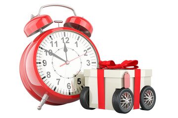 Poster - gift box on wheels with alarm clock, fast delivery concept. 3d rendering isolated on transparent bac