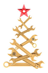 Poster - Golden Industrial Christmas Tree from wrenches and spanners, 3D rendering isolated on transparent background